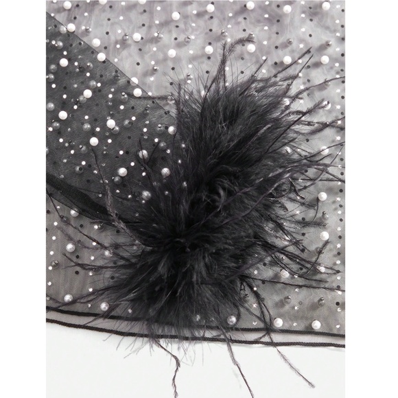 Black Sheer Mesh Long Sleeve Feather Shirt with Faux Pearls Sparkles Beaded - Picture 11 of 14